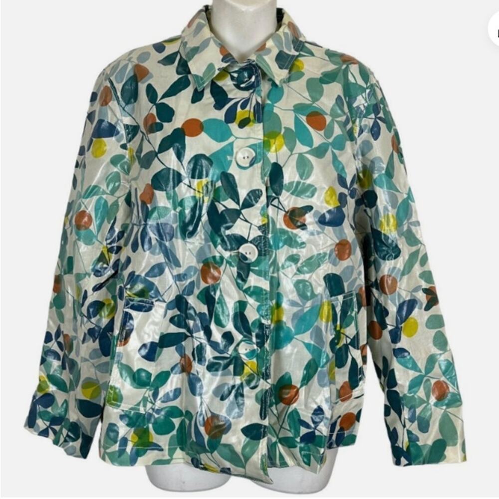 Chicos Teal Blue Waxed Floral Rain Jacket Coat Size 1 (SM/8)